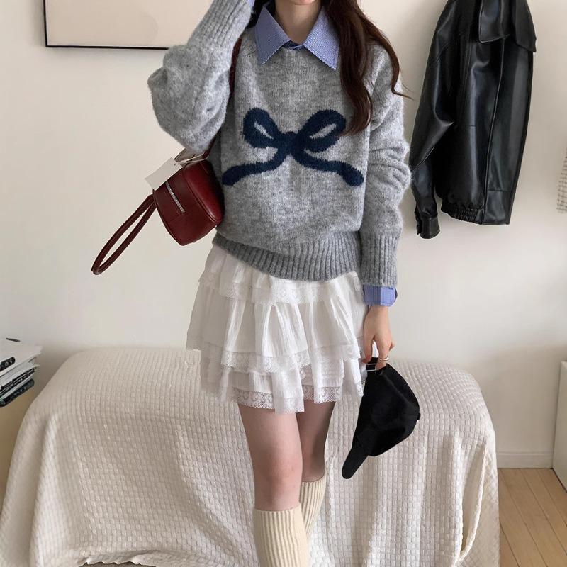 Girly bow jacquard crew neck sweater women's autumn and winter new lazy wind outside knitted sweater top
