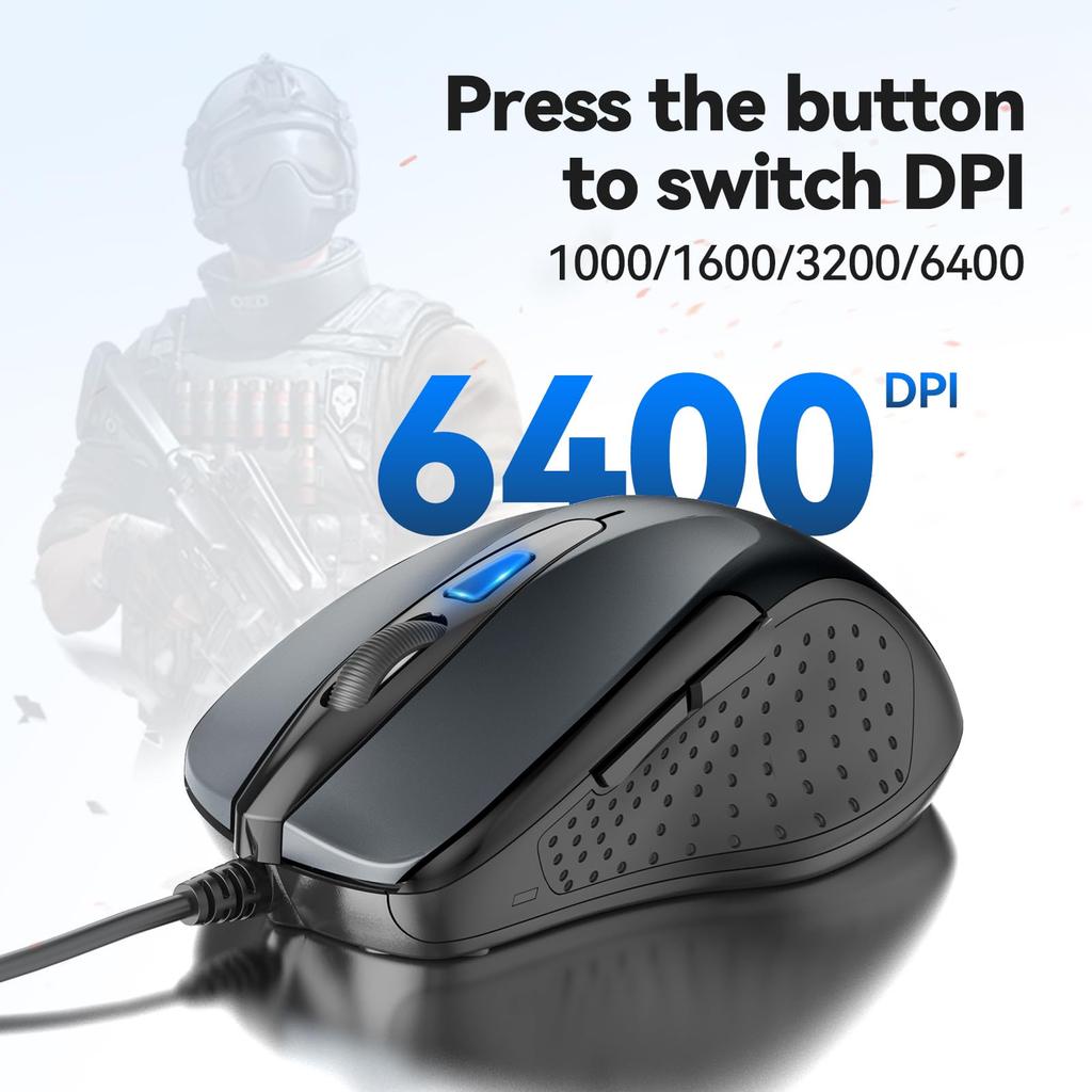 TeckNet Wired USB Mouse, Optical, 6 Buttons (with Back and Forward Buttons), 10002000 DPI High Precision, Compatible with Windows 11, 10, 8, 7, 2000,