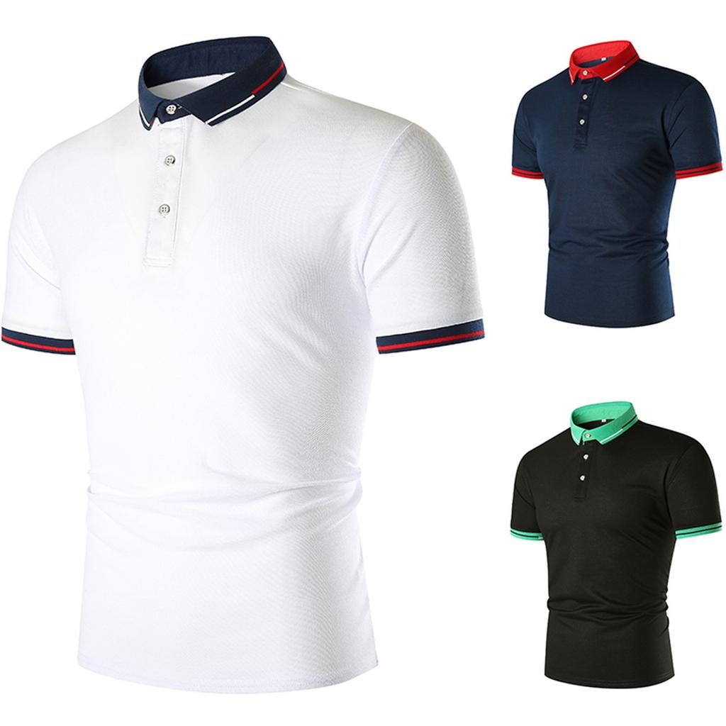 Men's Summer Casual Striped Color-block Short-sleeved Shirt Stand-up Sollar Top