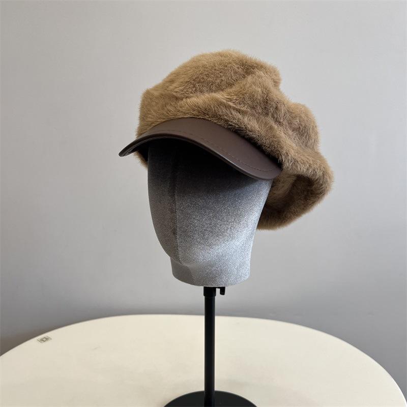 Imitation Mink Leather Brim Newsboy Hat Women's Autumn and Winter New Literary and Retro Fashion Duck Tongue Painter Hat