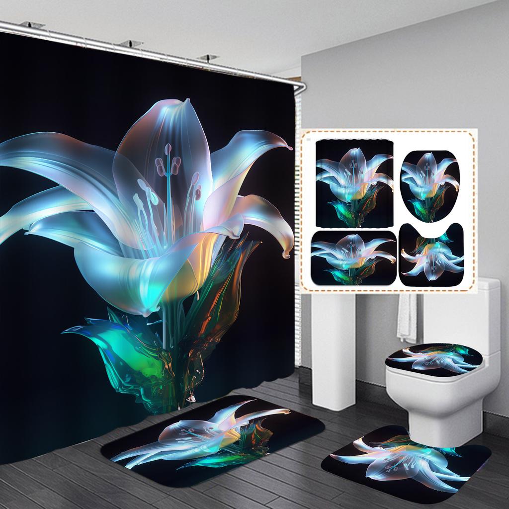 4Pcs Painted Floral Shower Curtain Set with Non-Slip Bath Mat, Toilet Lid Cover, Contour Rug & 12 Hooks, Bathroom Decor