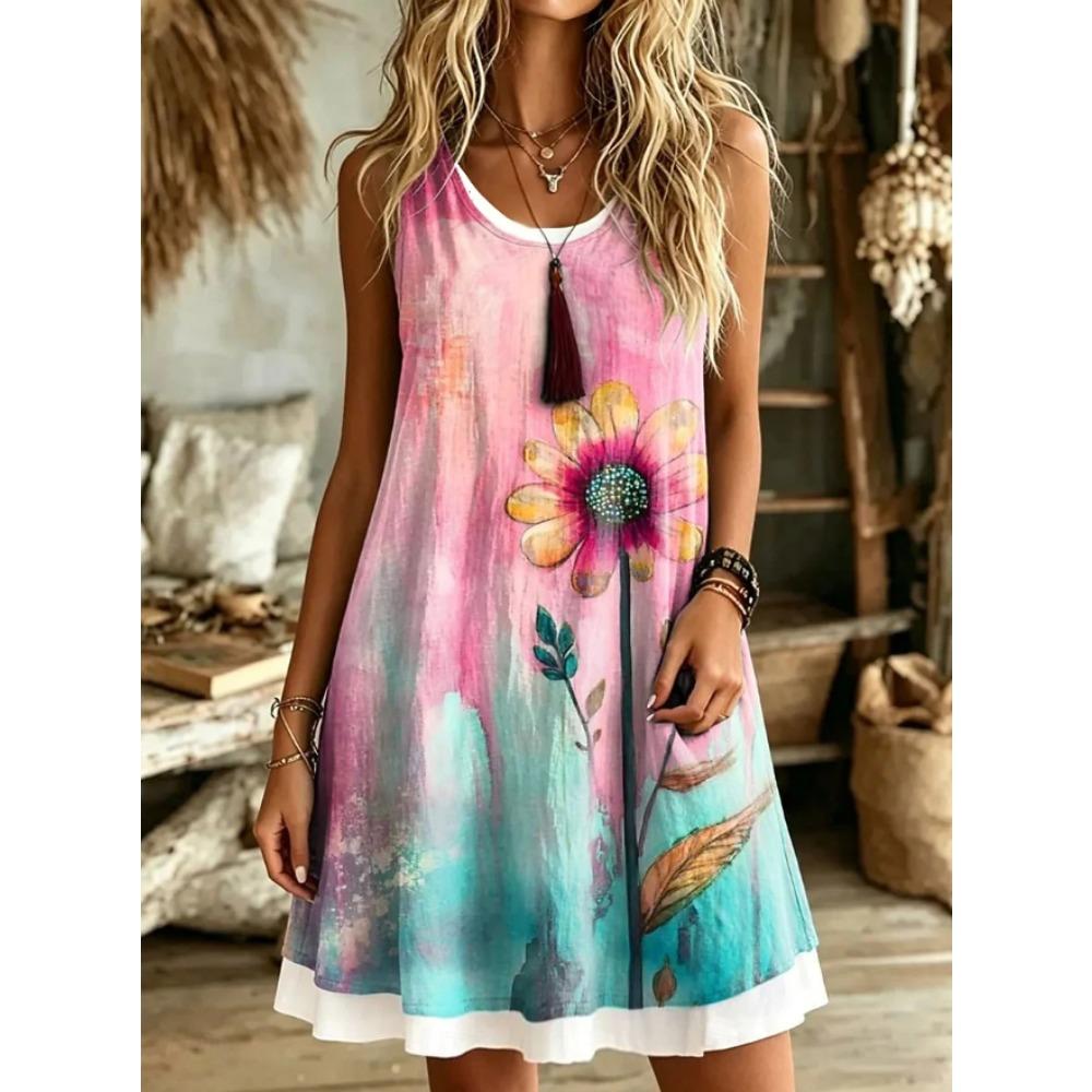 Women's  Flower Pattern Printed Sleeveless Round Neck Dress Loose Soft and Comfortable Plus Size Dress