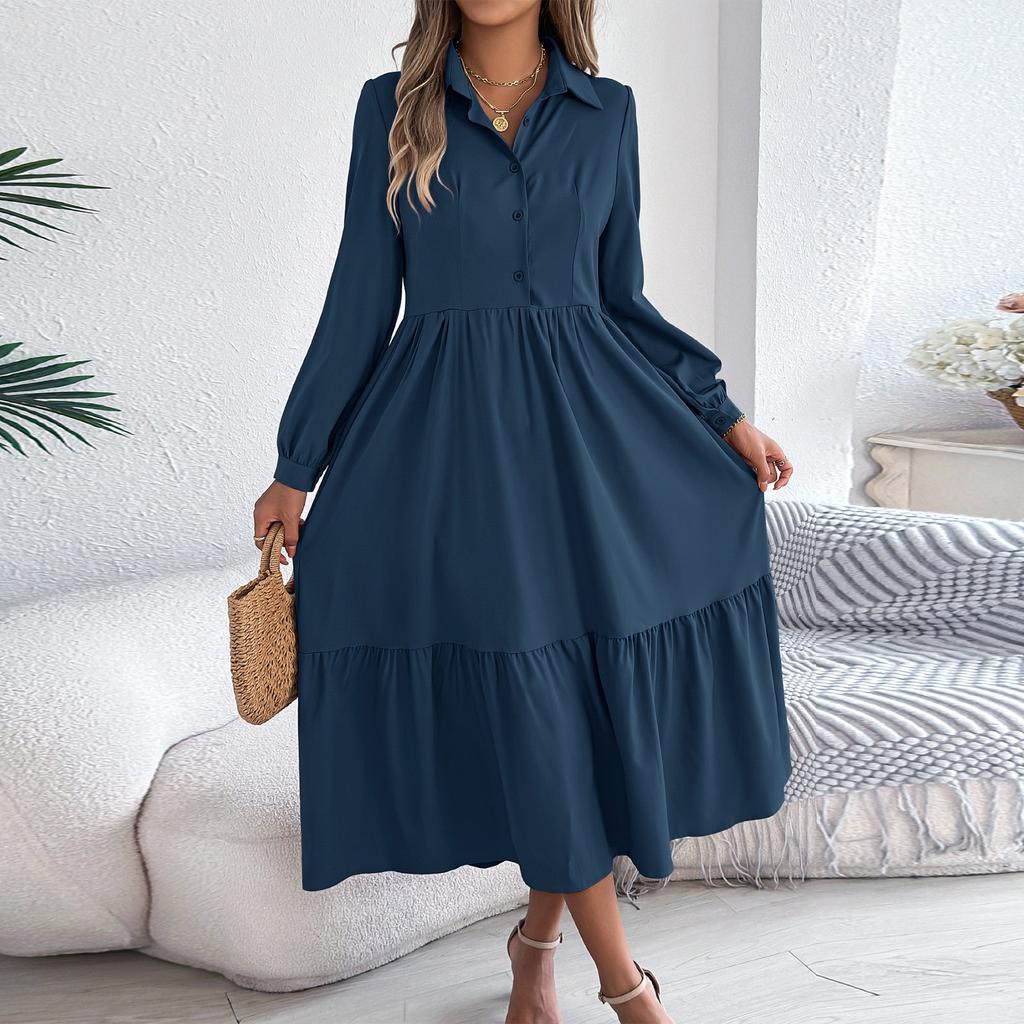 Women's Fashionable Color Lapel Button Casual Loose Long Sleeved Shirt Dress
