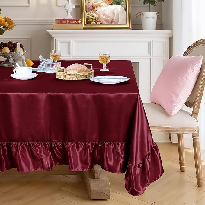 Gold Satin Tablecloth Rectangle Ruffled Table Cover,Ruffle Table Skirt for Kitchen Dining Weddings Dining Table Home Decoration