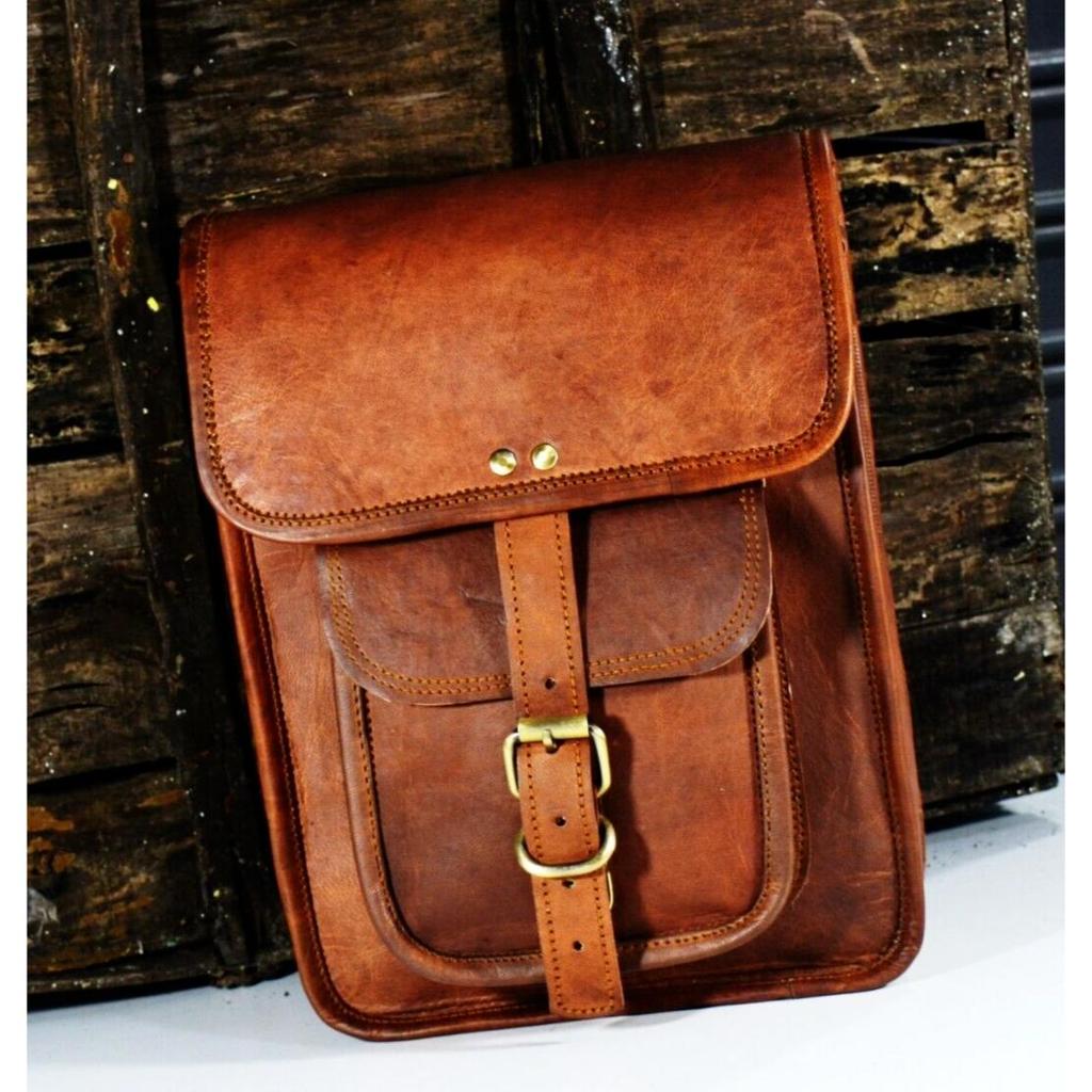 Män Läder Messenger Crossbody Brun I-pad-väska Äkta getläderväska