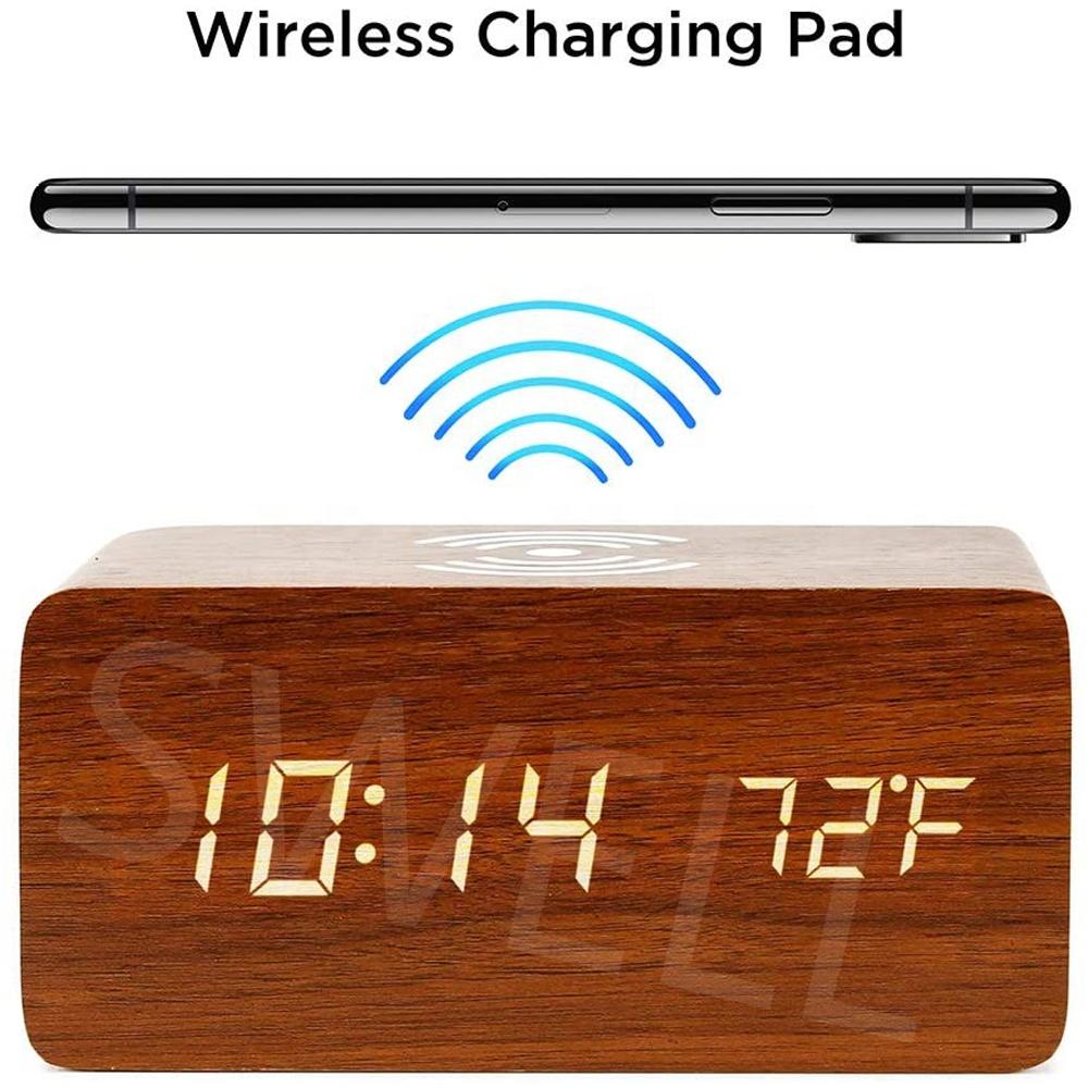 2022 Desk Sound Control Temperature Wireless Charger Wooden LED Alarm Digital Clock With Qi