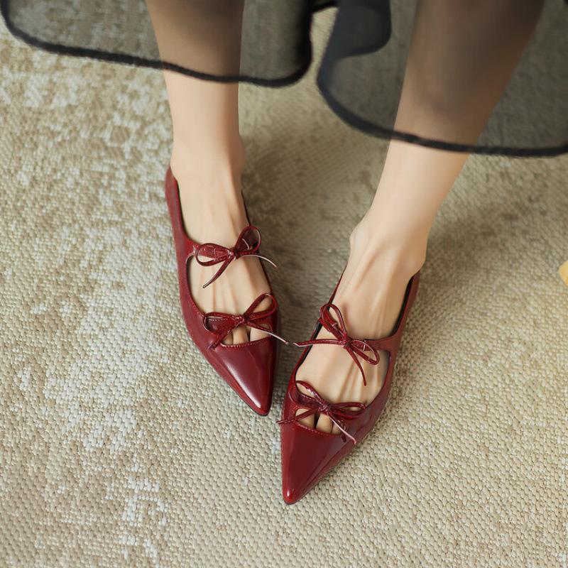 Low heel red four-season flat-soled single shoes new four-season women's small leather shoes large size non-slip beef tendon sole cowhide women's sho