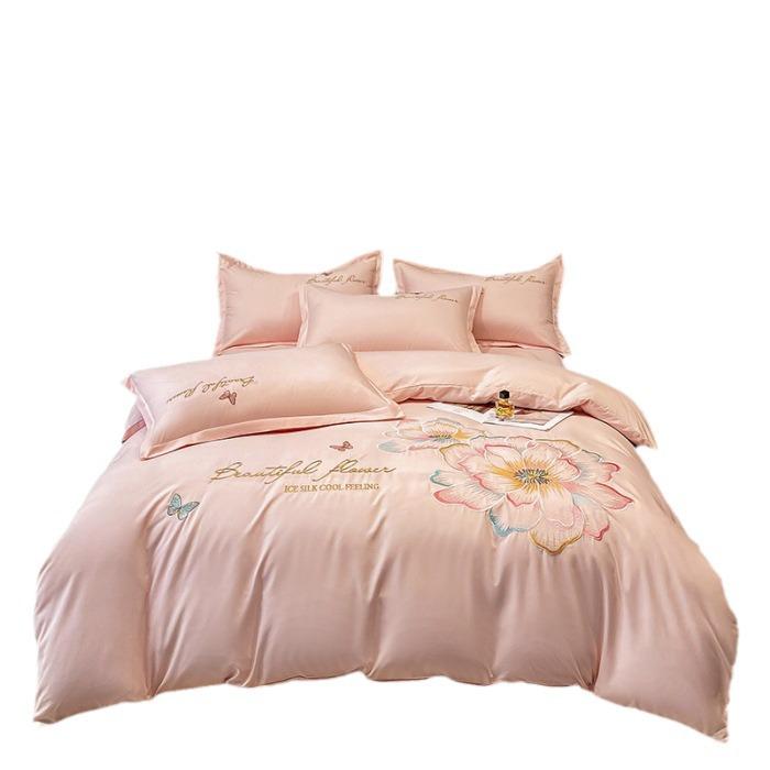 Embroidered Cotton Flannel 4-Piece Bedding Set - Solid Color, Warm Bed Sheets & Duvet Cover