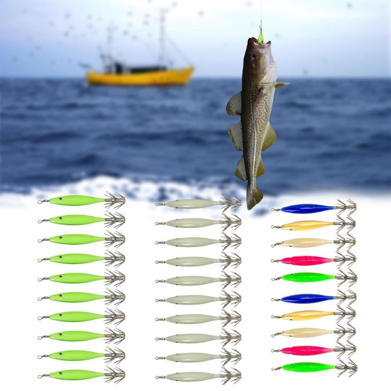 10Pcs Shrimp Lures Baits Squid Jig 3.6g Fluorescent Squid Jig Cuttlefish Hook Glow Jig Hook for Saltwater Fishing