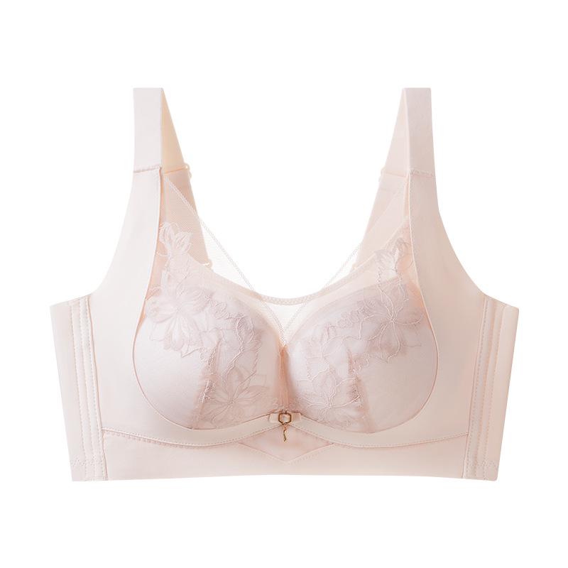 Cross-Back Lace Wireless Bra for Large Bust with Thin Cup & Anti-Side-Boob Design 44/100CD розовый бежевый