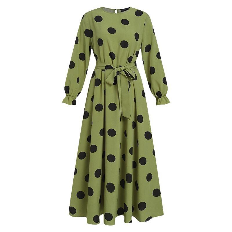 Women's long sleeve round neck polka dot print elegant long dress