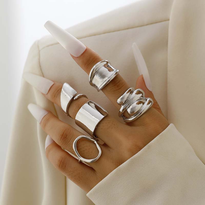5Pcs/Set Gold Color Geometric Hollow Open Rings for Women Exaggerated Metal Smooth Irregular Adjustable Rings Jewelry Set 2026