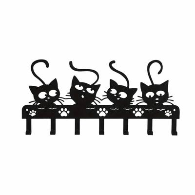 Easy To Install Nordic Black Cat Wall Hook Iron Cat-Shaped Cartoon Cat Coat Hook 7 Hooks Rustproof Cat Wall Hat Hanger Bathroom