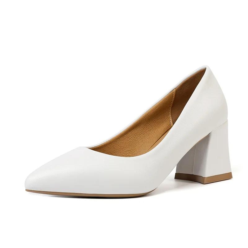 Fashion Plus Size 35-42 Basic Pumps Pointed Toe High Heels Boat Shoes for Woman Dress Shoes Shallow Thick Heel White Wedding Shoes