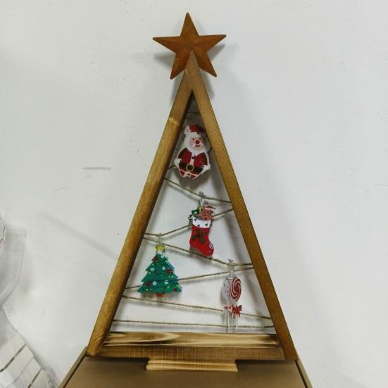 2Pcs Wooden Christmas Tree Ornament with LED Light Farmhouse Rustic Glowing Xmas Tree Table Sign Home Office Desktop Triangle Decoration