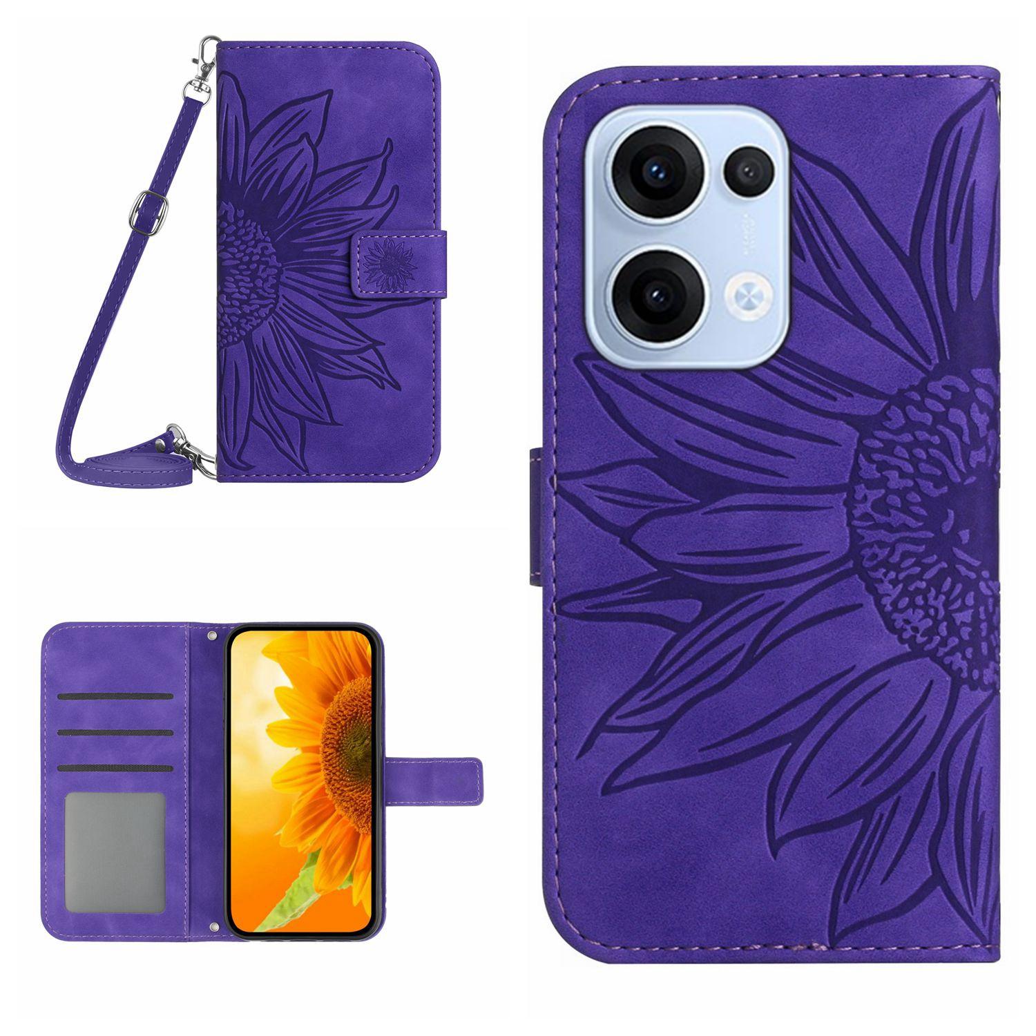 

For Oppo Reno13 5G (Global) Case Sunflower Imprint PU Leather Phone Cover with Long Strap Dark Purple