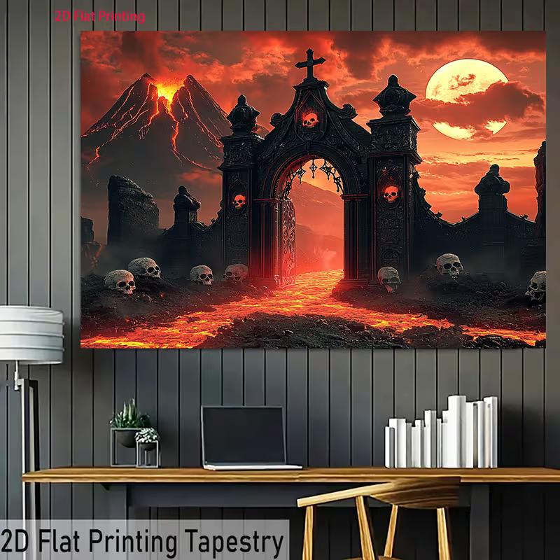 2D Spooky Halloween Backdrop, Hell's Gate with Skulls and Red Moon Banner