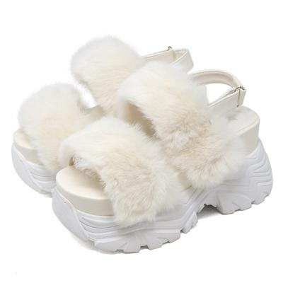 Platform Cute Fur Sneaker Comfortable To Walk Back Fluffy Faux PU Synthetic Ivory Japanese Shoe Size [LOVEHUNTER] Women's Sandals, Sandals, Sole,