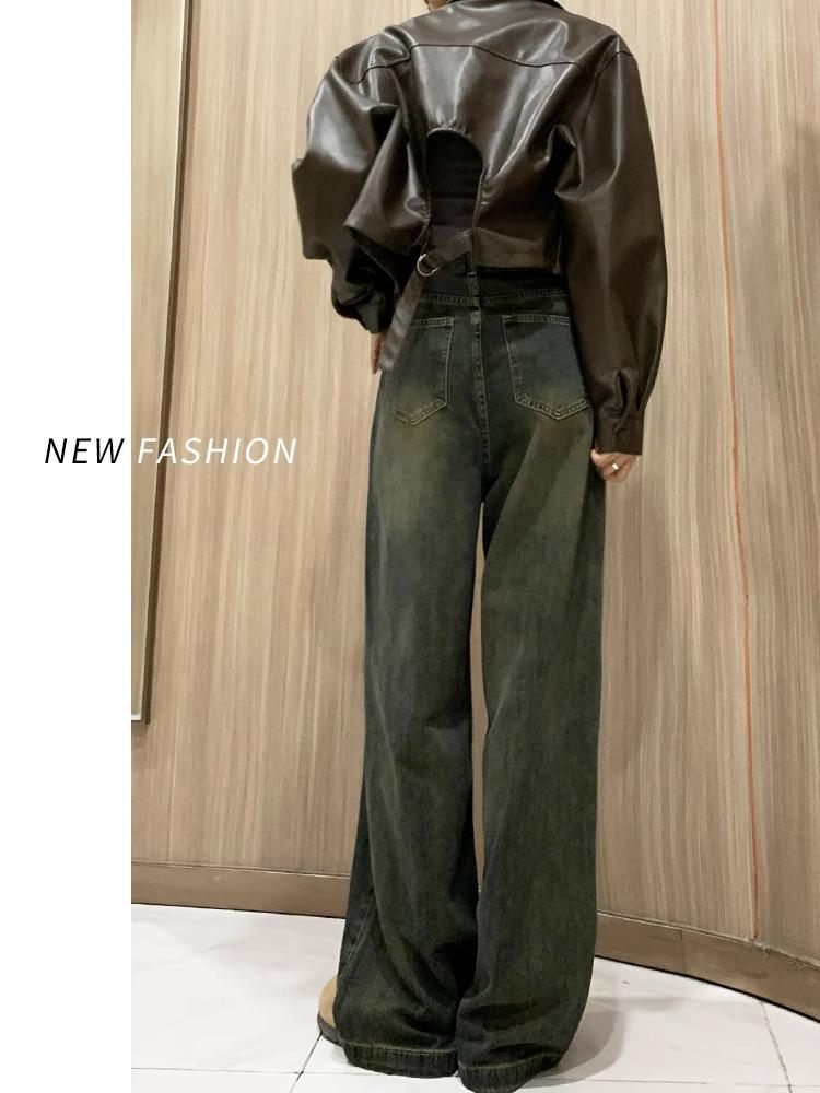 Plus Size Women's Wide Leg Jeans - New Autumn/Winter High Waist Loose Fit with Velvet Lining for Slimming Comfort.