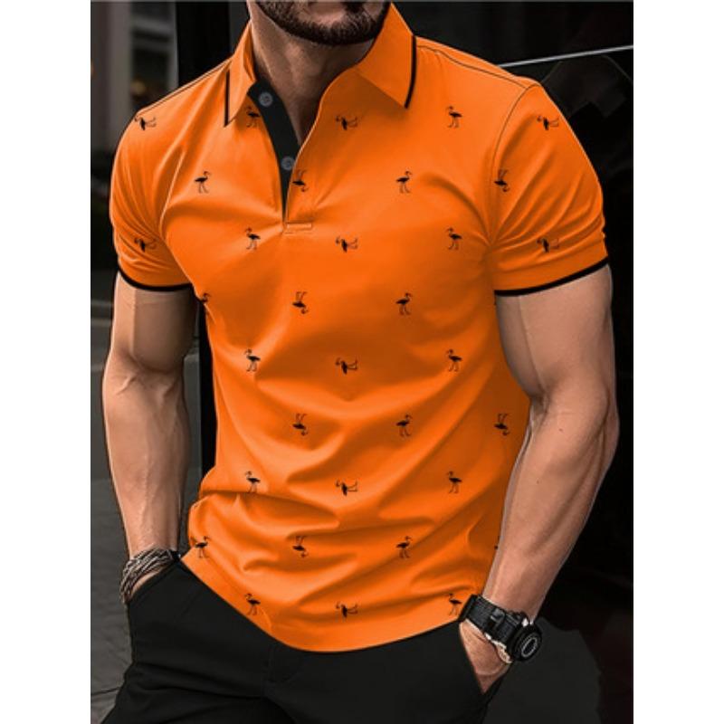 Men Fashion Flamingo Print Turn Down Collar Short Sleeve Casual Polo Shirt