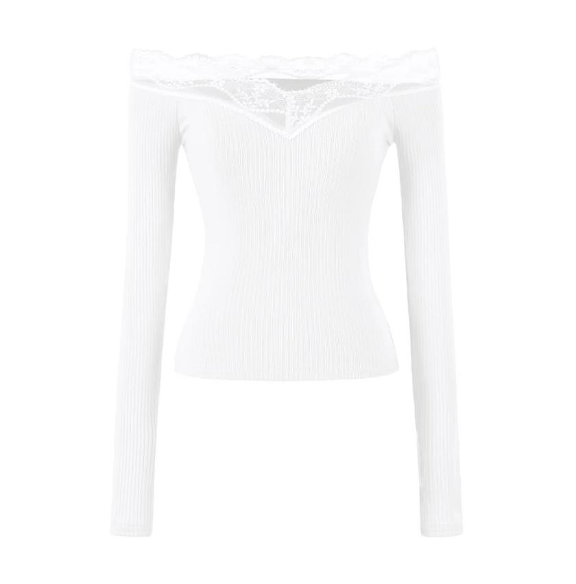 Lace One-word Shoulder Long-sleeved T-shirt Women's Spring and Summer New American Spice Girl Solid Color Splicing Bottoming Shirt Top