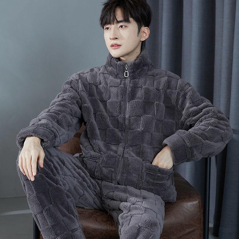 Men's Pajamas Winter Flannel Thickened Plus Velvet Homewear Autumn And Winter Days Warm Coral Fleece Zipper Style Two-piece Set