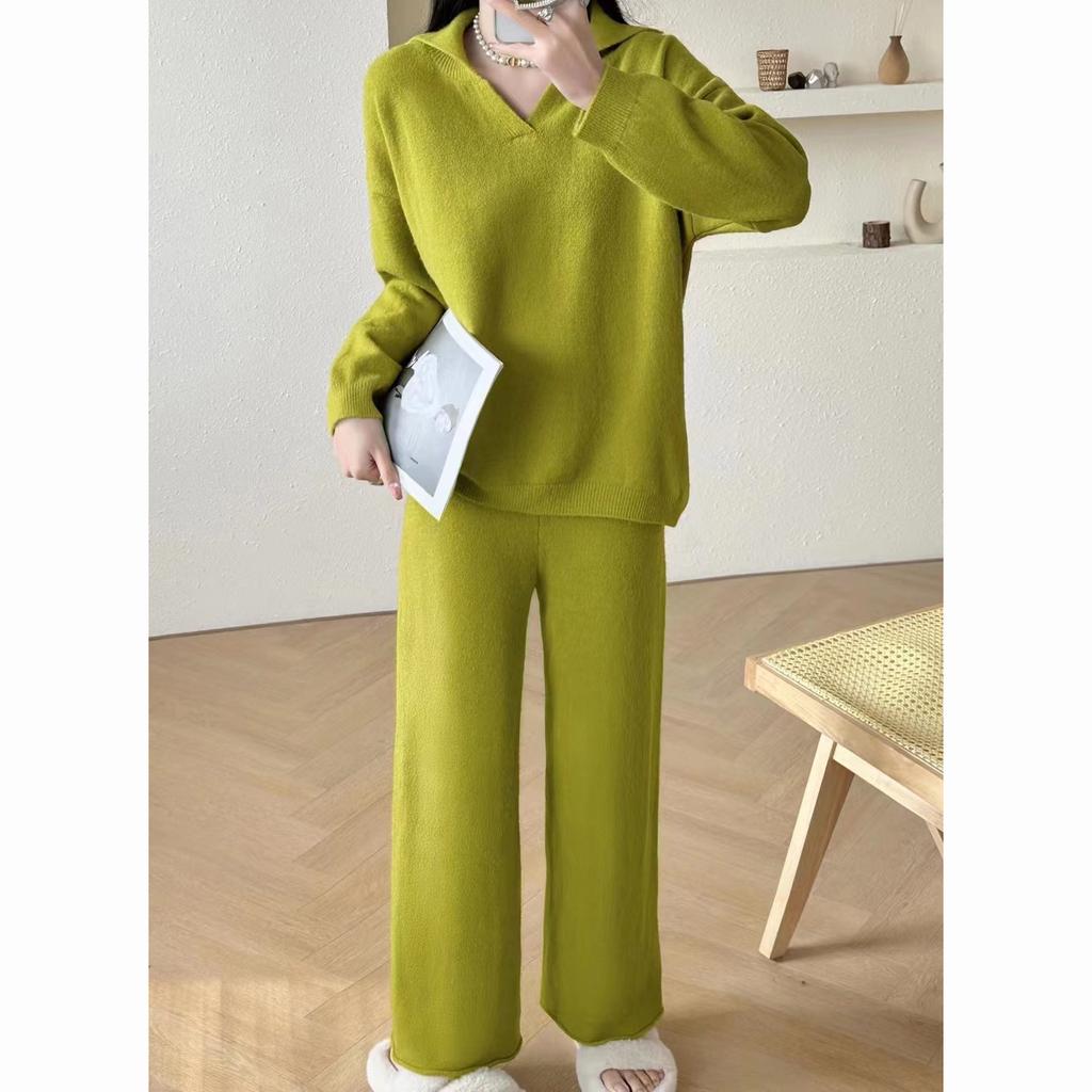 White Loose Knitted Two piece Sets Women Polo Collar Sweater Pullover Ankle Length Harem Pant
