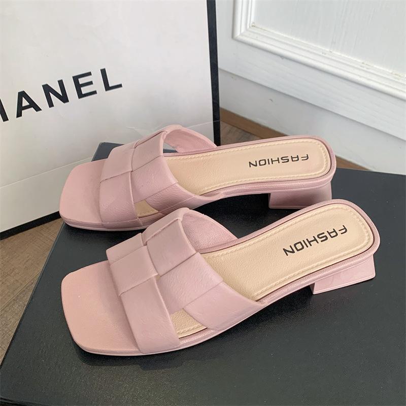 Women's Leather Slide Sandals Square-toe Block Heel Mules with Woven Strap for Summer Casual Wear