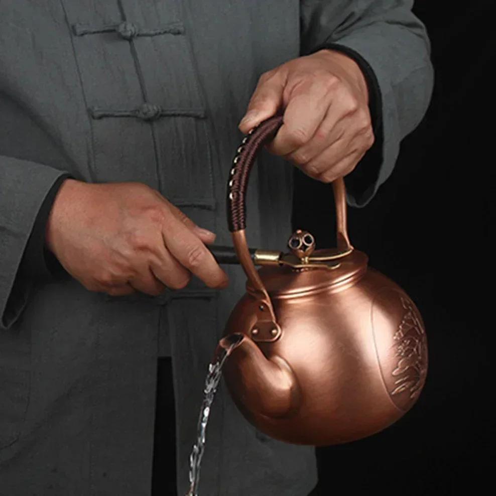 1600ML Antique Pure Copper Teapot Health Boiling Water Pot Handmade Carved Pot Red Copper Tea Set