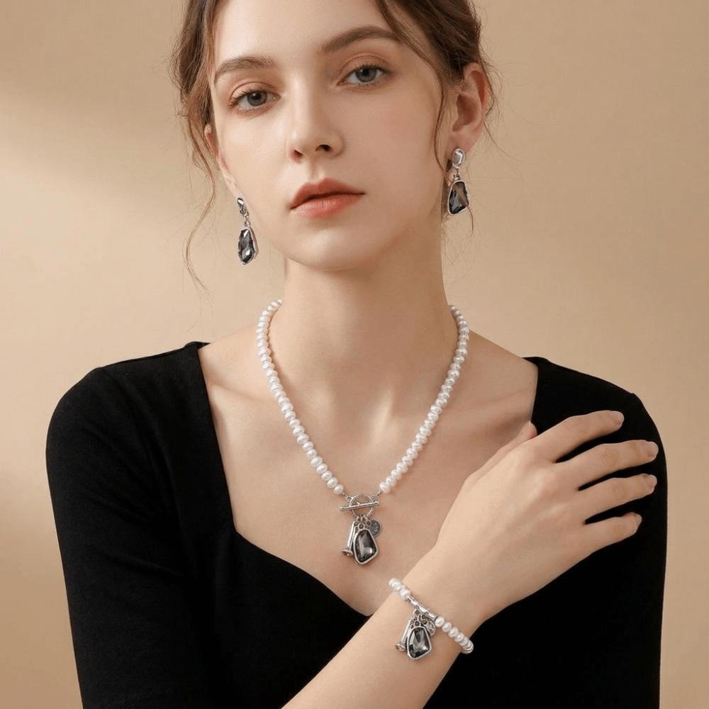 Irregular Rhinestone Necklace Dark Grey Women Jewelry Vintage Earrings Bracelet Party