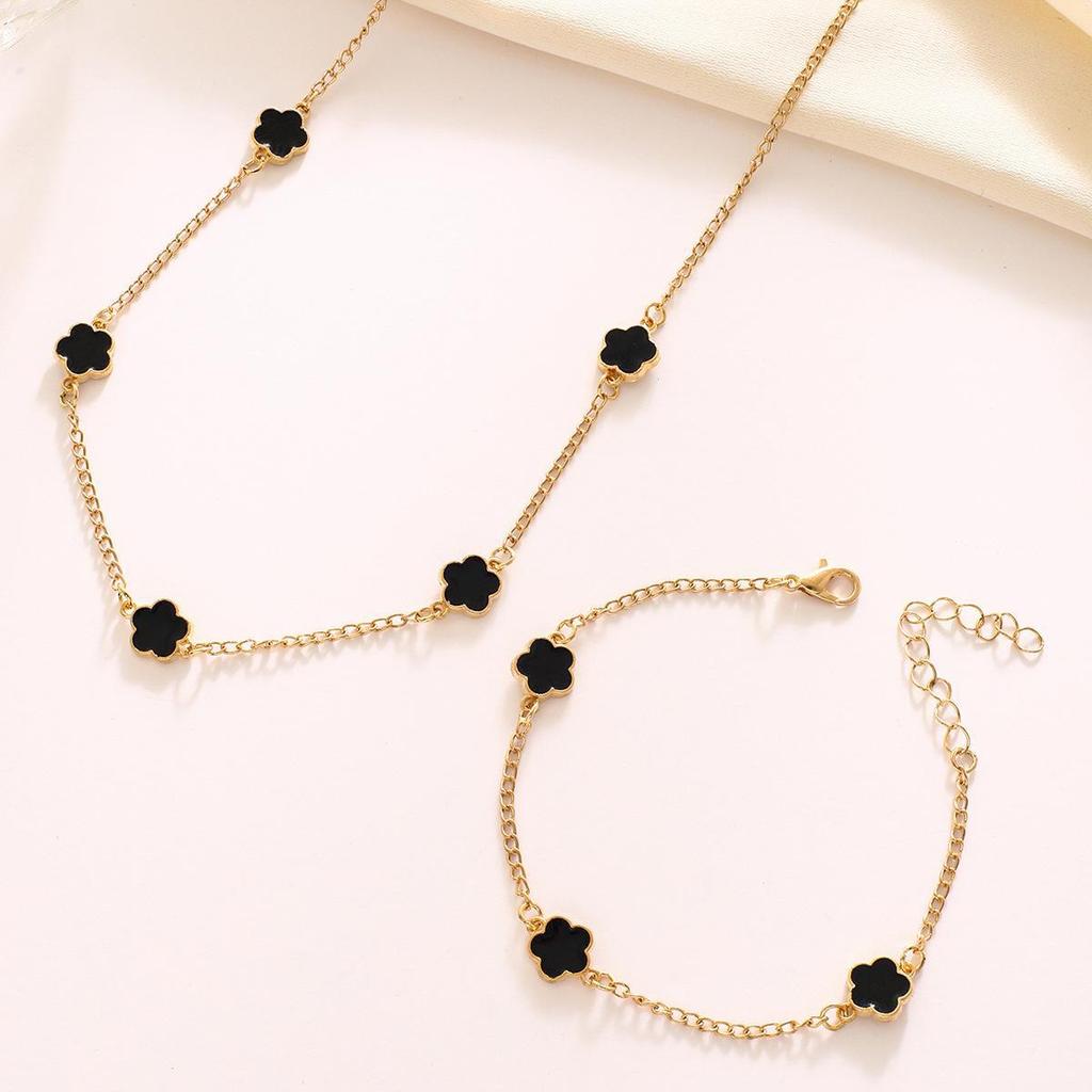 Lucky Five-Petal Flower & Clover Jewelry Necklace and Bracelet Set
