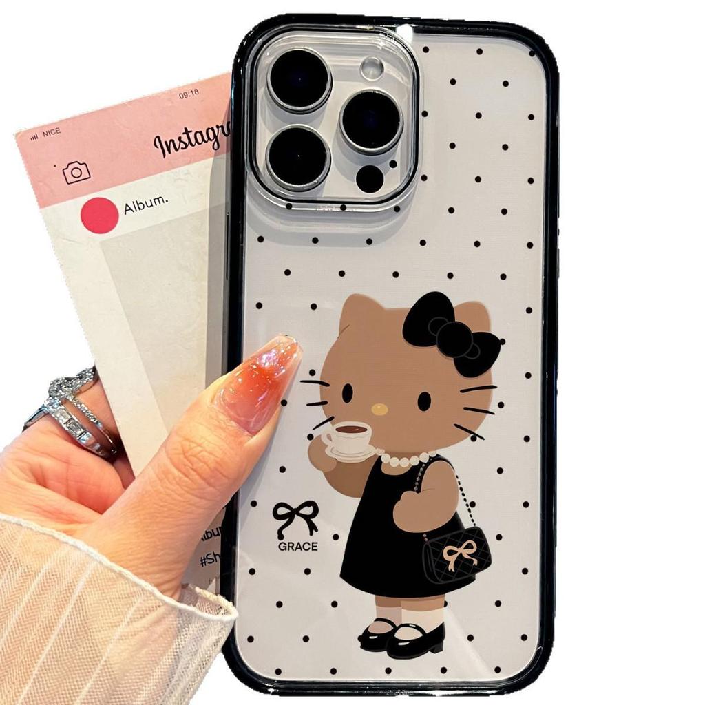 Coffee Kitty Transparent Phone Case for Apple 17ProMax, 16ProMax, 17Pro, 15, 14 with Black Edge - Cute Design