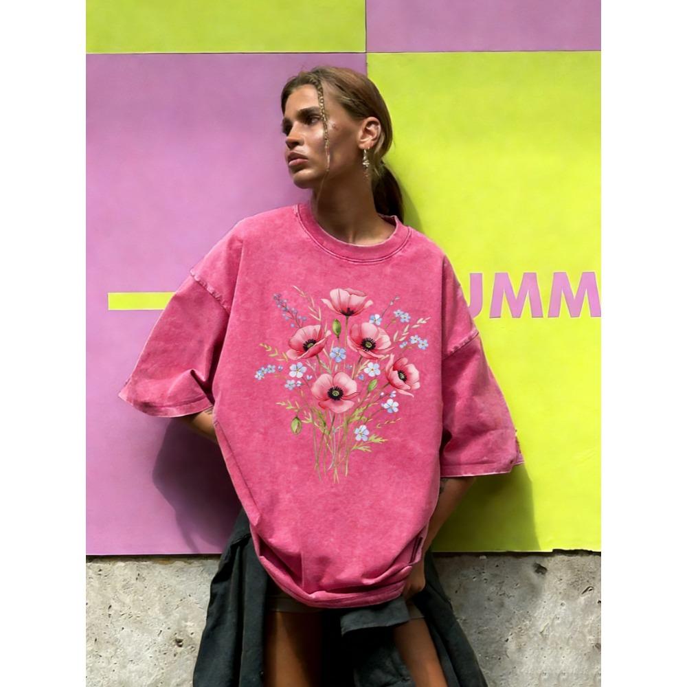 Mooie Waterverf Bloemen Gedrukt Gewassen T-shirt Dames Zomerlos T-shirt Straat Korte Mouwen Katoenen Kleding