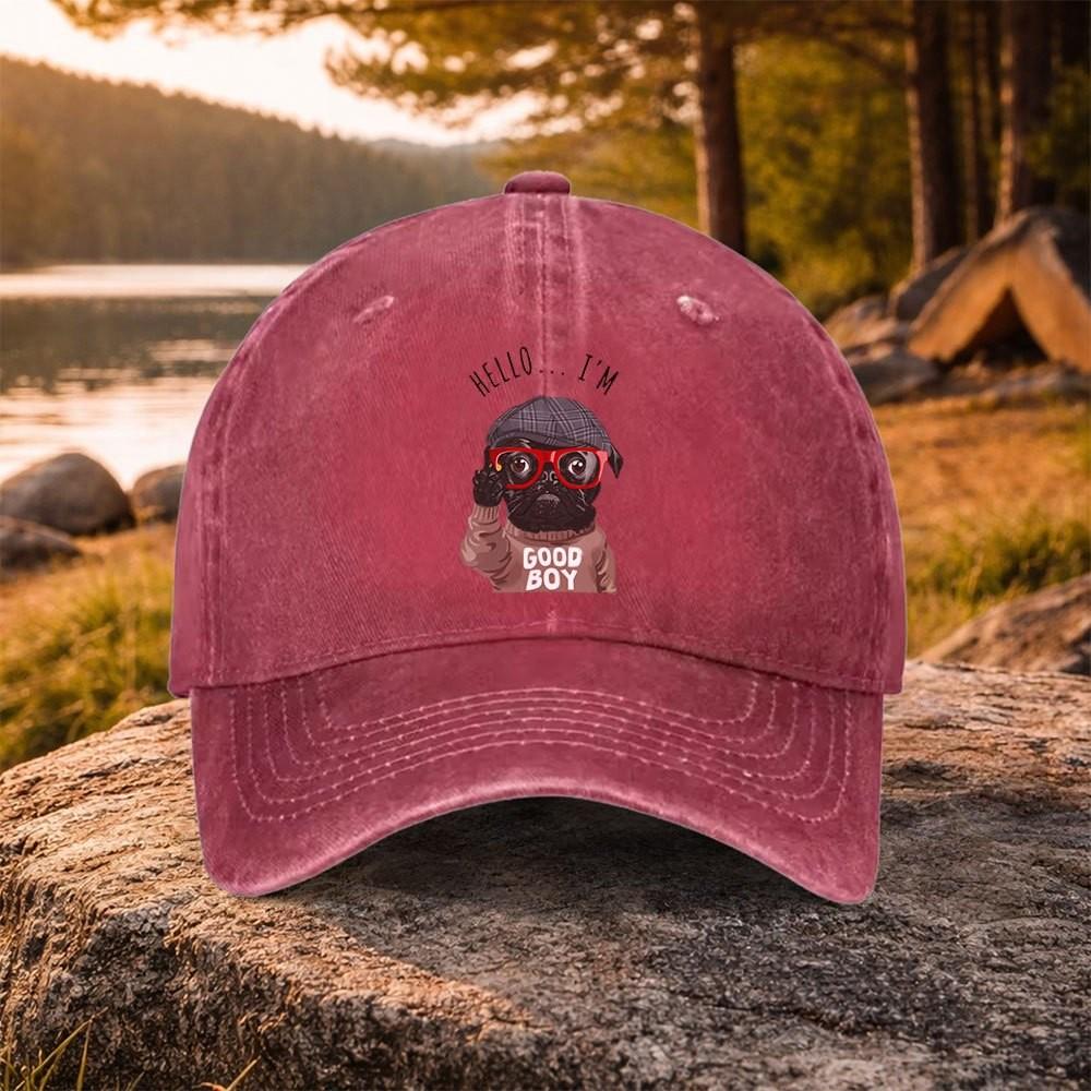 Hello Im Good Boy Dog Print Washed Baseball Cap Unisex Casual Outdoor Golf Cap for Daily Wear