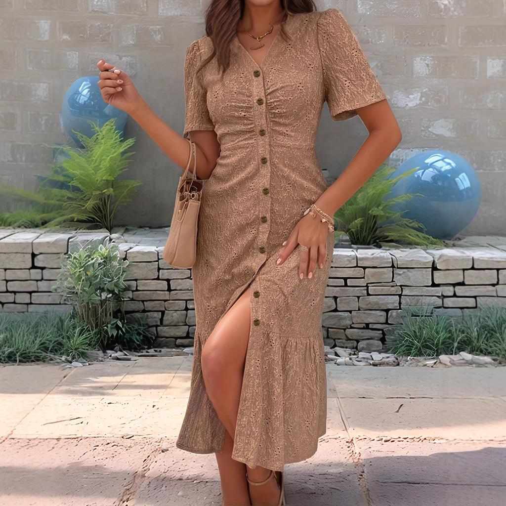 Women's Eyelet Embroidery V Neck Maxi Dress Short Sleeve Ruched Button Front Mermaid Hem Casual Dress