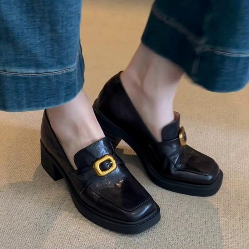Women's Fashion Thick Heel Shoes Fall New Square Head Mid-mouth Metal Buckle Soft Sole Non-slip Low-top Shoes