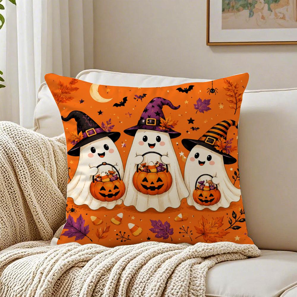 Halloween Cute Ghost Black Cat Cushion Cover Organic Short Plush Cushion Covers Machine Washable Wrinkle-Resistant Soft Durable