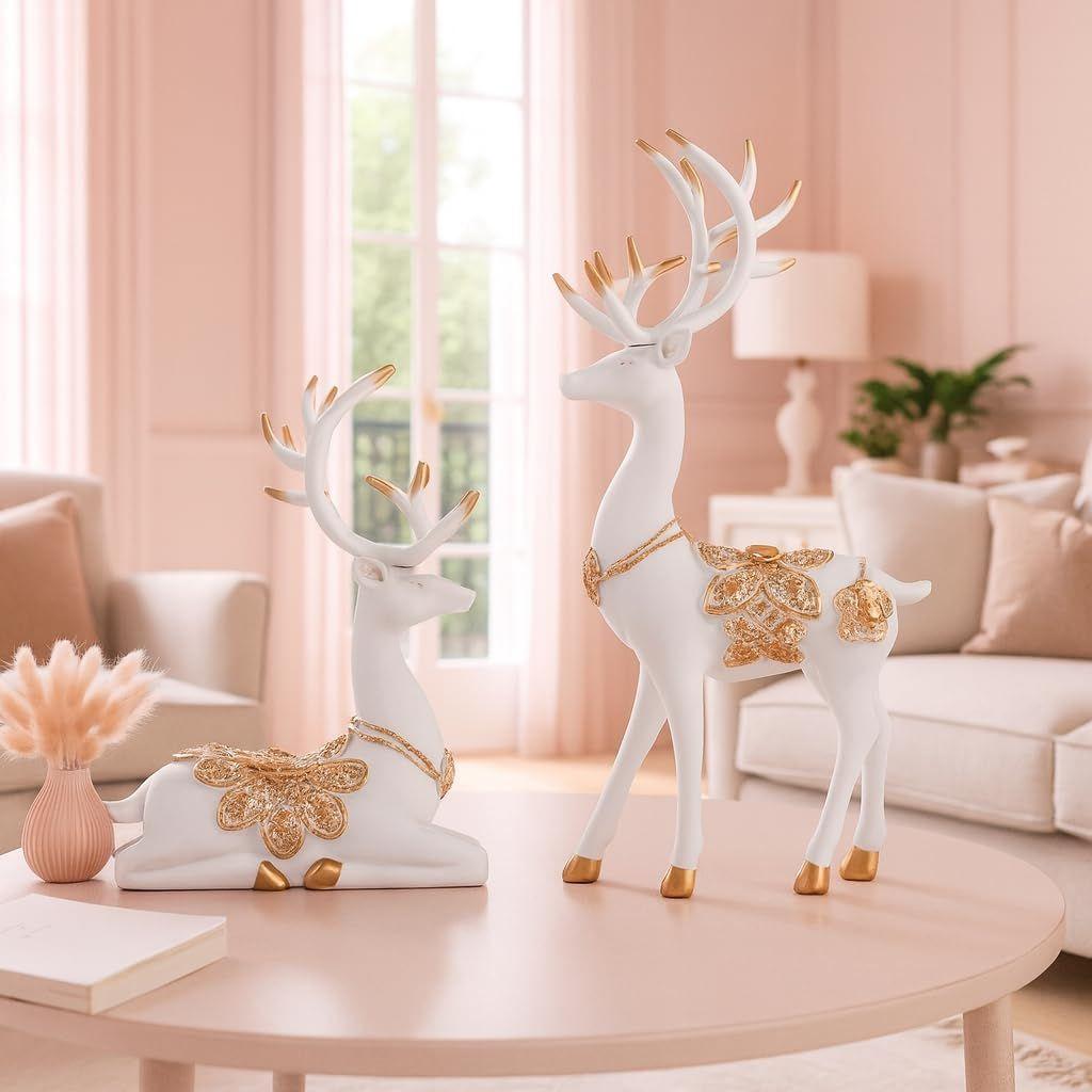 Kreative Harz Goldene und Weiße Rentier Skulpturen | Schöne Heimdekoration | Hebt die Energie Ihres Raumes (2er-Pack, Weiß)