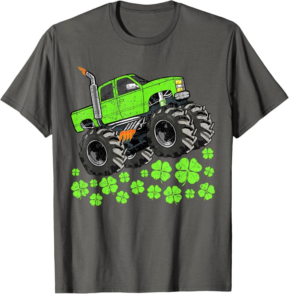 St Patricks Day Monster Truck Graphic Tee Shirt Green Clover Casual Short Sleeve Tops
