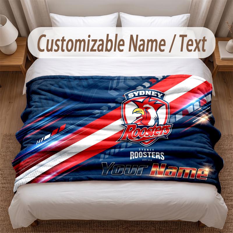 Sydney Roosters Printed Flannel Blanket Custom Name Text Soft Warm Throw For Bedroom Holiday Gift
