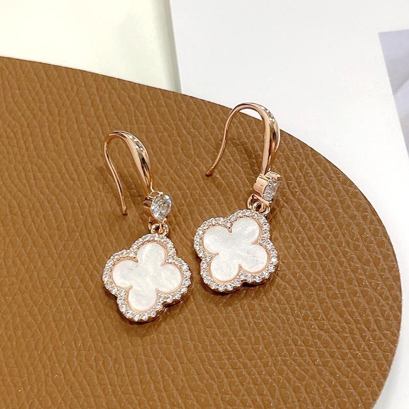 Red Four-Leaf Clover Earrings for Women - High-End, Fashionable Silver Jewelry with Chic Fragrance Style.