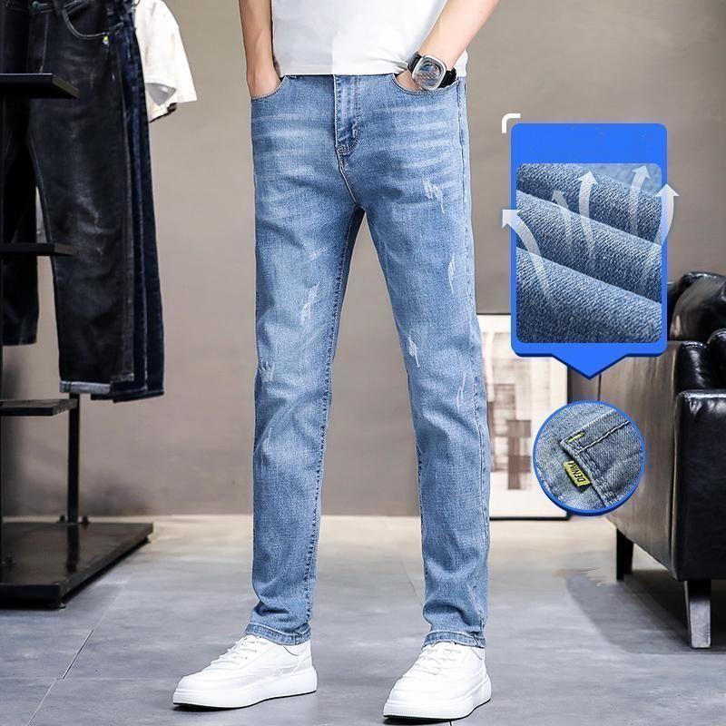 Velká velikost 2024 Džíny Pánské Slim Straight Korejský styl Trendy Strečové Světlá barva Ležérní kalhoty Letní Tenký styl