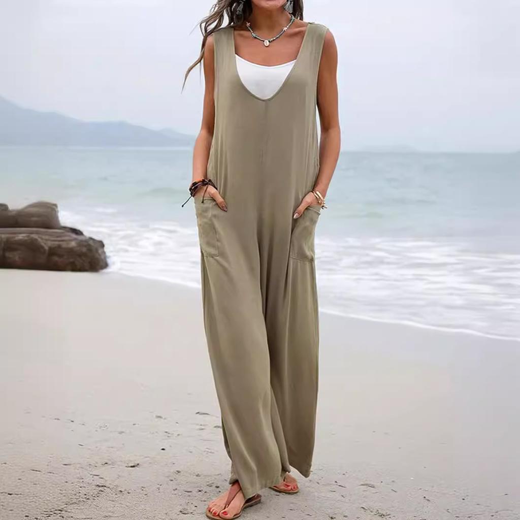 Women Dusty Pink V Neck Sleeveless Pocketed Wide Leg Overalls