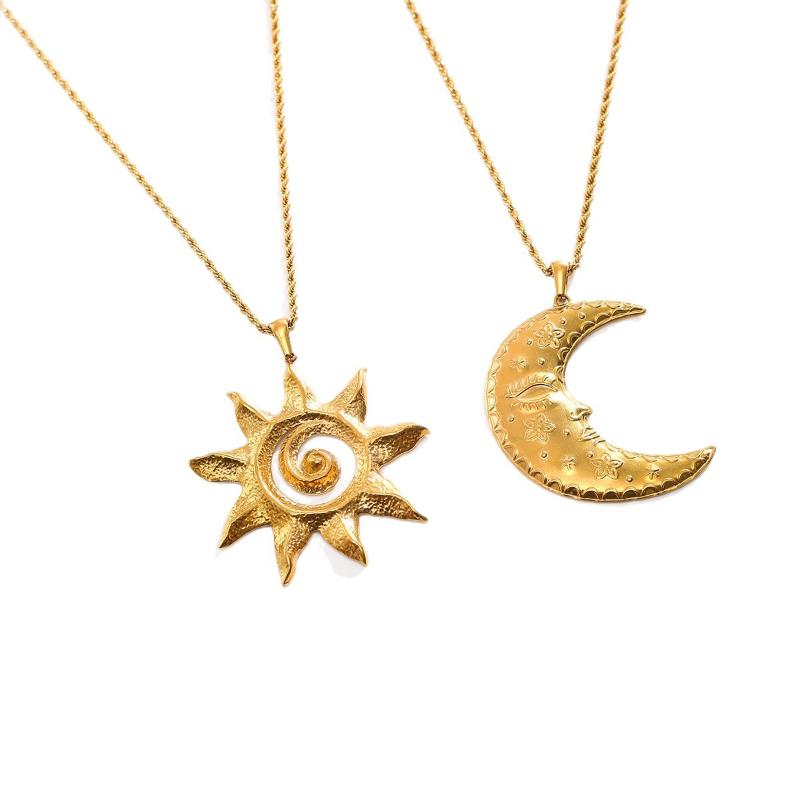 Stainless Steel Large Size Sun & Moon Pendant Necklaces For Women Vintage Jewelry Decoration Gold Women'S Necklaces