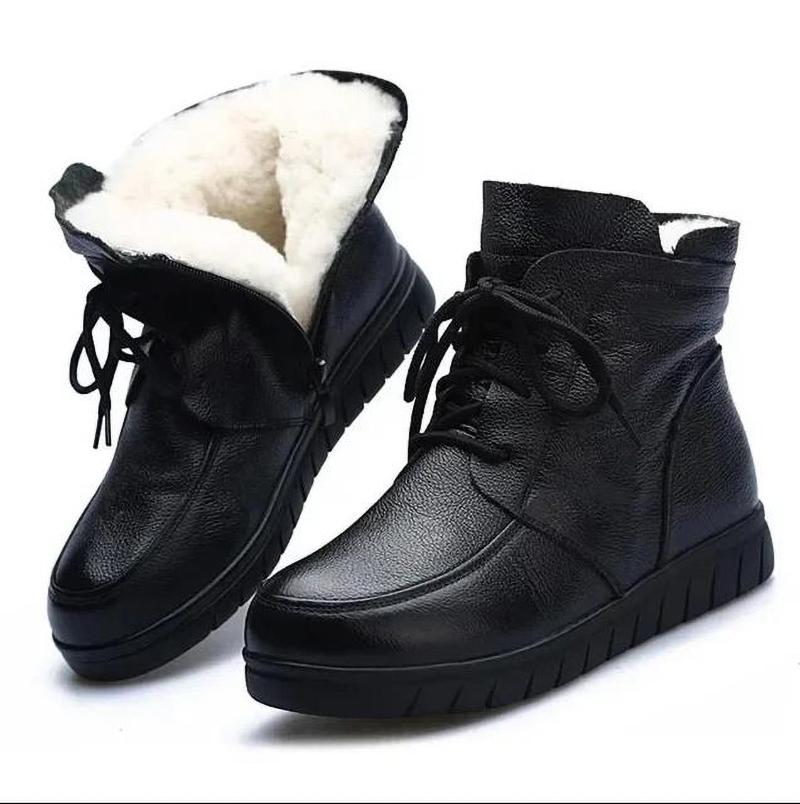 Women Snow Boots Vintage Natural Wool Fur Winter Warm Ankle Boots Women Flat Mother Shoes Mom Soft