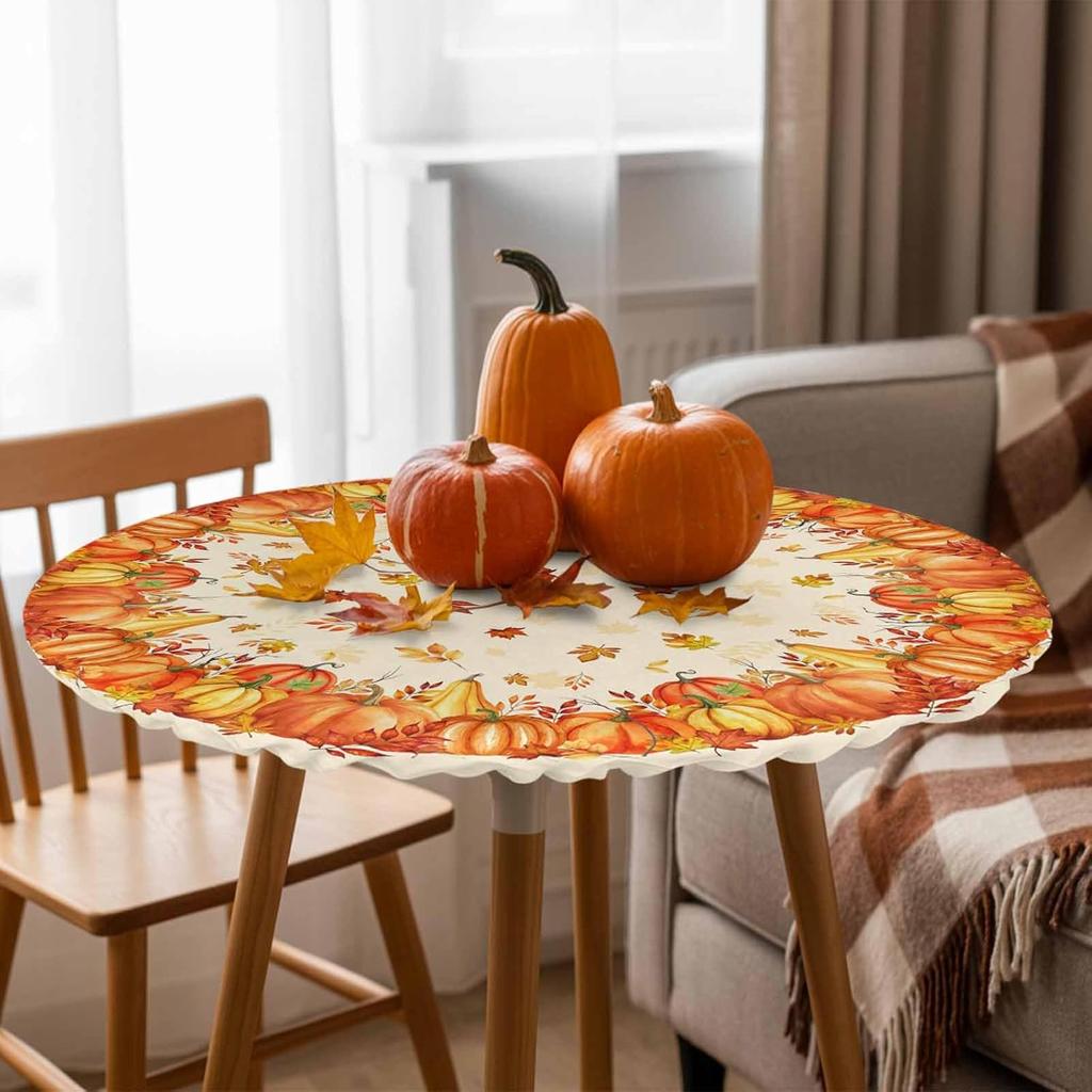 Herbst Erntedank Runder Tischdecke, Bauernhof Kürbis Botanische Ahornblätter Wasserdichtes Spann-Tischcover mit elastischem Rand, Herbst Ernte Tischdecken