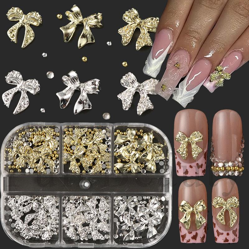 1pc of 6-compartment metal bow rhinestone and steel bead 3D nail art, nail decoration, holiday gift.