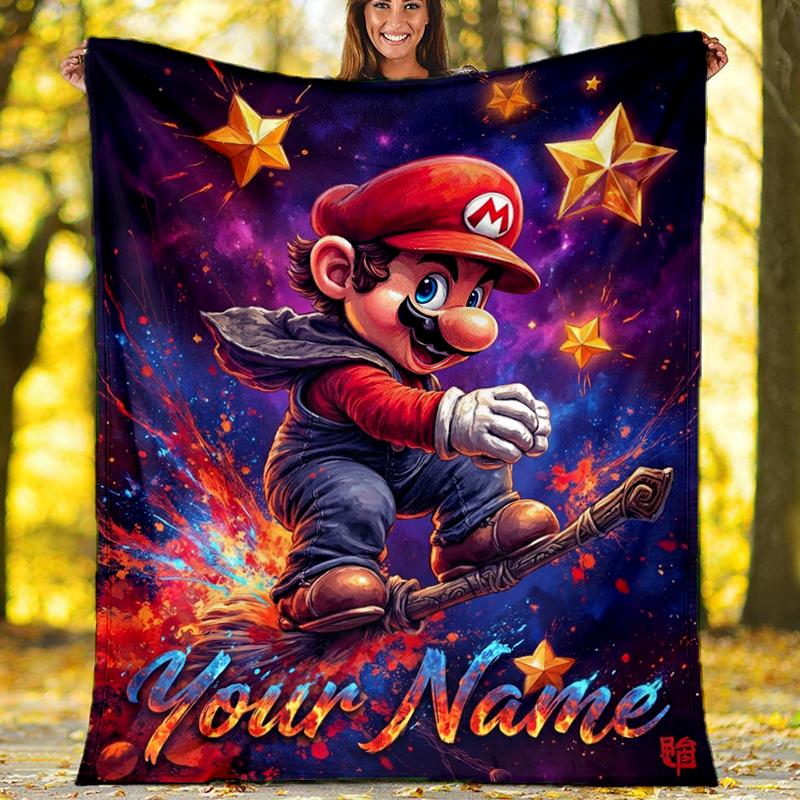Custom Name Super Mario Galaxy Adventure. Flannel Fleece Blanket Cozy Warm Throw Blanket For Couch Bed Travel All Season Use