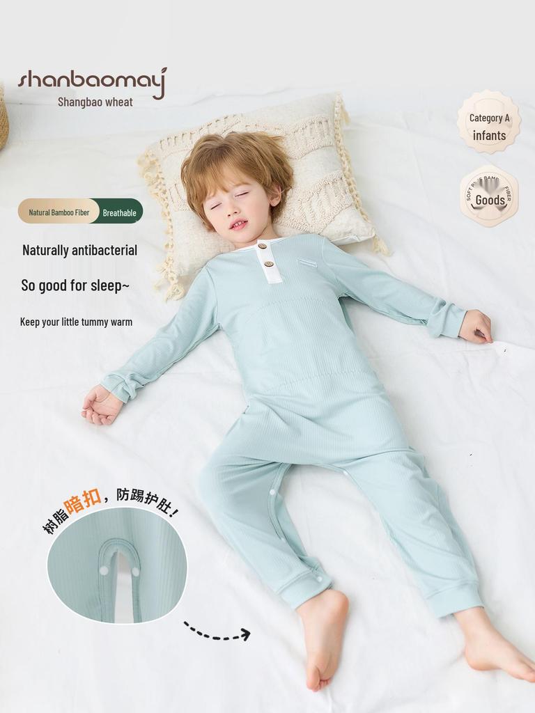 Bamboo Fiber Kid's Pajamas: Cool, Sweat-Wicking One-Piece with Belly Protection for Toddlers & Children (S, M, L) - Ideal for Air Conditioning.