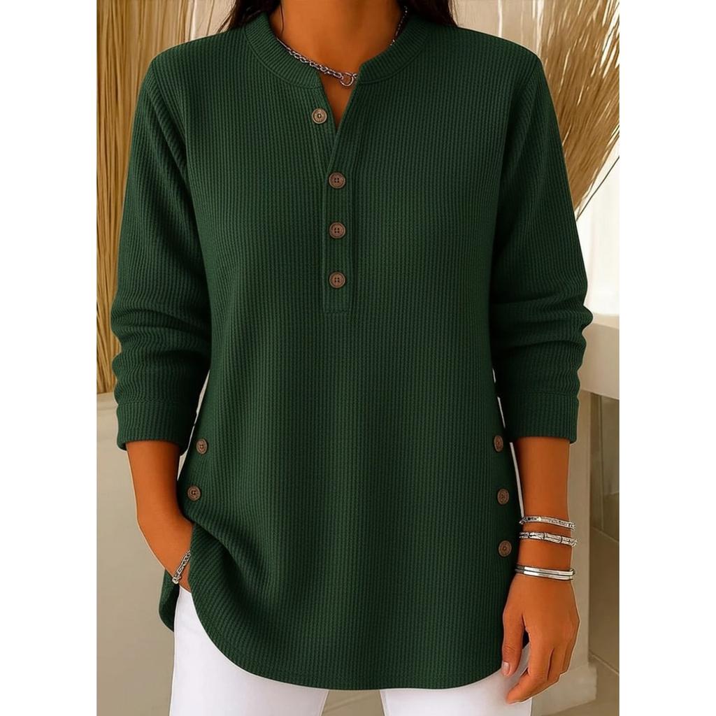2025 Autumn Winter New Women's Solid Color Loose V-Neck Button Long Sleeve Casual T-Shirt Top for Europe America
